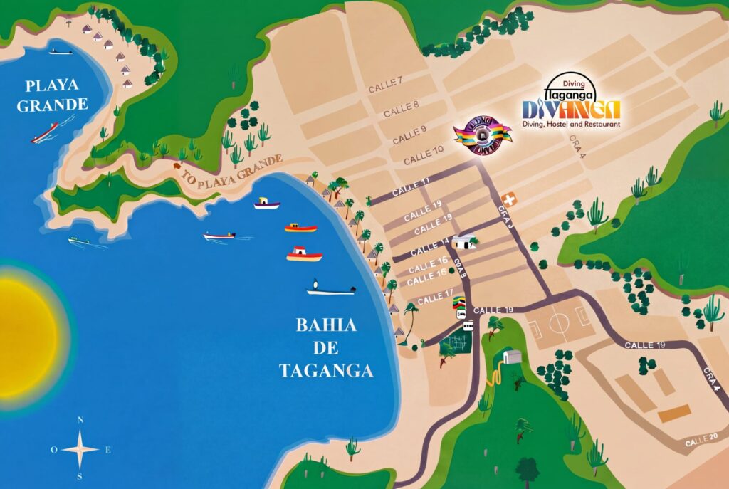 Map of Taganga Bay showing the location of Divanga Hostel and Diving Taganga near the beach and main roads in Santa Marta, Colombia